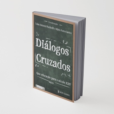 Livro com capa verde escura estilo quadro-negro e moldura castanha intitulado Diálogos Cruzados.