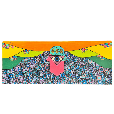 Quadro colorido com rosto rosa de um olho e padrões circulares em azul e branco