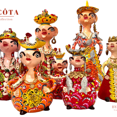Júlia Côta Figuras de cerâmica coloridas e detalhadas sobre fundo branco com texto de coleção e créditos.