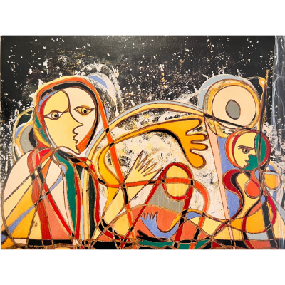 Pintura abstrata com formas humanas coloridas em fundo escuro