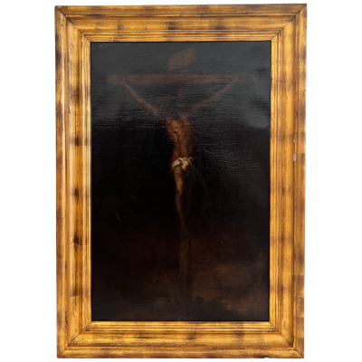 Pintura de Cristo crucificado com moldura de madeira castanho dourado
