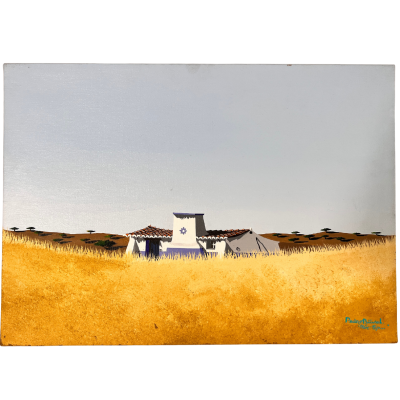 Pintura de casa branca em campo dourado com céu azul claro e árvores ao fundo.