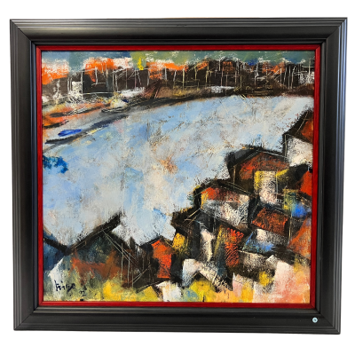 Quadro abstrato com corpo de água e construções coloridas em moldura preta