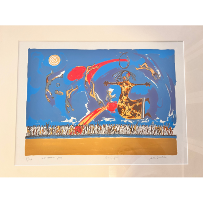 Gravura abstrata colorida com figuras humanas e detalhes em azul, vermelho e amarelo