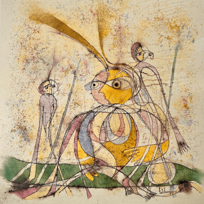 Ilustração abstrata em papel com figuras estilizadas e cores variadas.