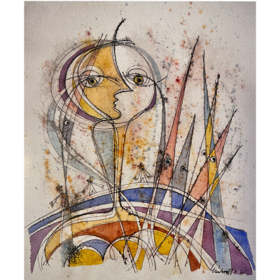 Pintura abstrata com figura dupla em tons amarelo, roxo, laranja e azul sobre fundo branco