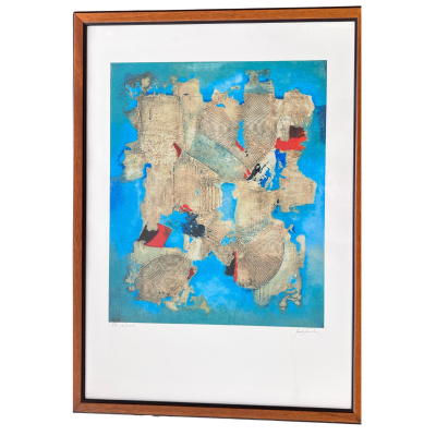 Quadro emoldurado com pintura abstrata em tons azul, bege, vermelho, preto e branco