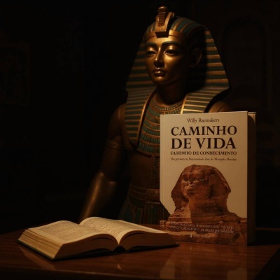 Boneco faraó dourado, livro aberto e livro 'Caminho de Vida' com capa da Esfinge
