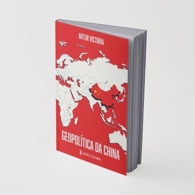 Livro capa dura vermelha e branco com mapa geopolítico e texto
