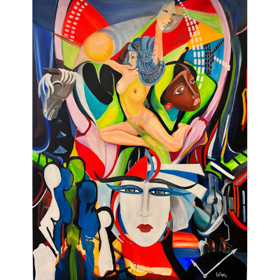 Quadro abstrato com figuras humanas e formas coloridas