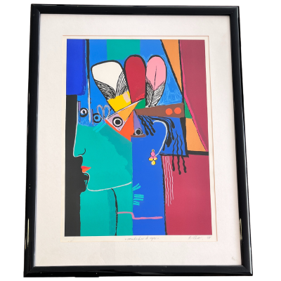 Quadro colorido com ilustração abstrata de rosto e penas, moldura preta