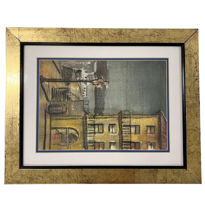 quadro com gravura de cenário urbano em moldura dourada craquelada