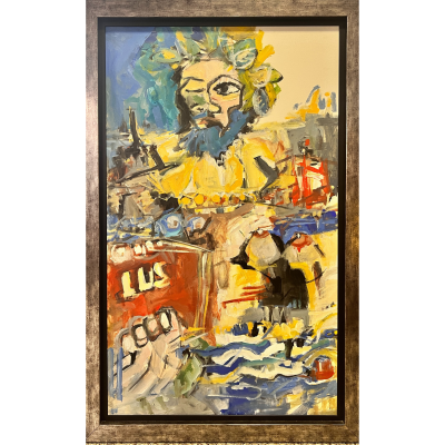 Pintura abstrata colorida com figuras humanas e formas geométricas, em moldura castanha.