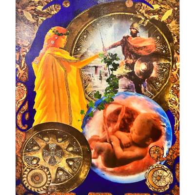 Montagem artística com mulher de amarelo, gladiador, escudo dourado e feto dentro de globo azulado