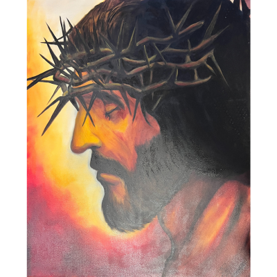 Pintura artística de Cristo com coroa de espinhos em tons quentes