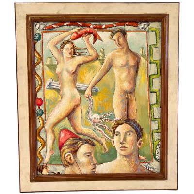 Pintura a óleo de figuras humanas nuas e elementos marinhos em moldura castanha