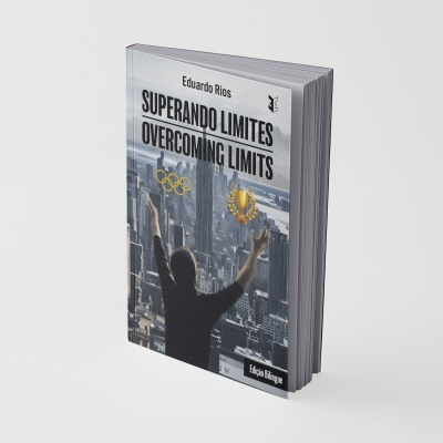 Capa de livro Superando Limites, mostrando uma pessoa com os braços erguidos e elementos olímpicos.