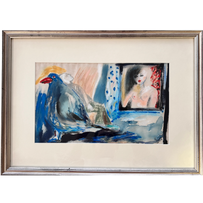 Quadro com pintura de pássaro azul e retrato de mulher nua, moldura prata