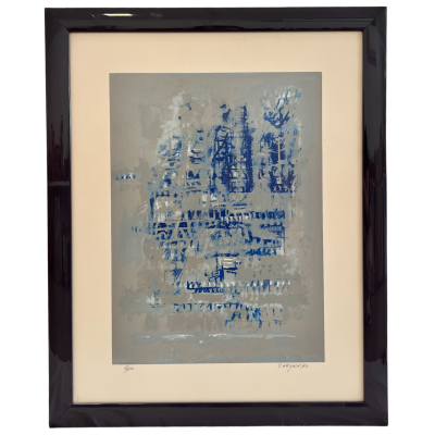 Quadro abstrato em moldura preta com pintura cinzenta e azul