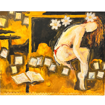 Pintura expressionista de mulher nua com flores e molduras ao fundo