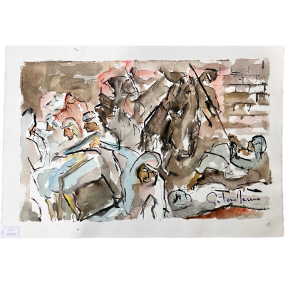 Pintura em aguarela com figuras humanas e cavalos, assinada Cota de Macena