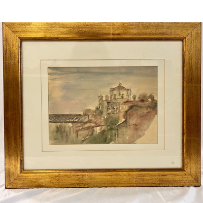 Quadro com pintura em aquarela de edifício antigo e moldura dourada