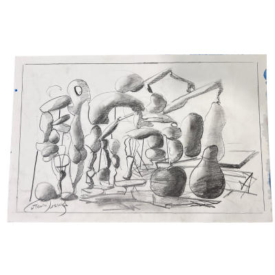 Desenho a lápis abstrato com formas orgânicas e linhas finas, assinado 'TOM JESS'.