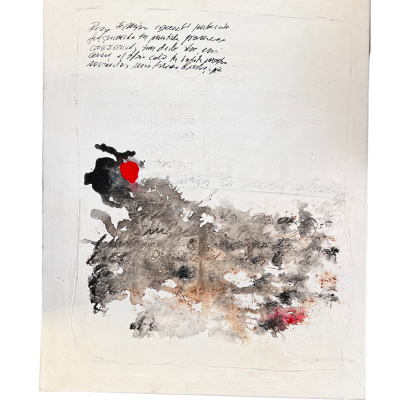 Aquarela abstrata com manchas escuras e texto manuscrito