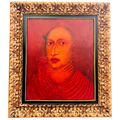 Retrato artisticamente pintado de figura humana em moldura dourada detalhada