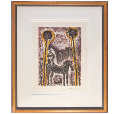 Gravura emoldurada com menino no burro entre duas árvores grandes