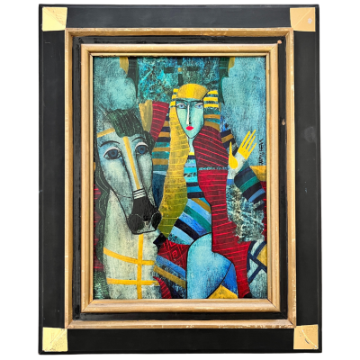 Pintura colorida de figura humana com cabelo louro e cavalo, em moldura preta e dourada