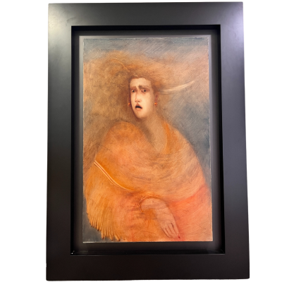 Pintura de mulher com cabelos alaranjados em moldura preta