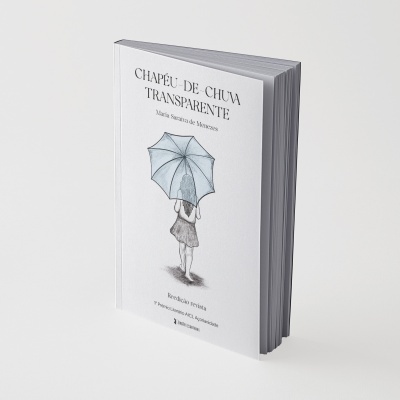 Livro com capa branca e ilustração de mulher com chapéu-de-chuva azul