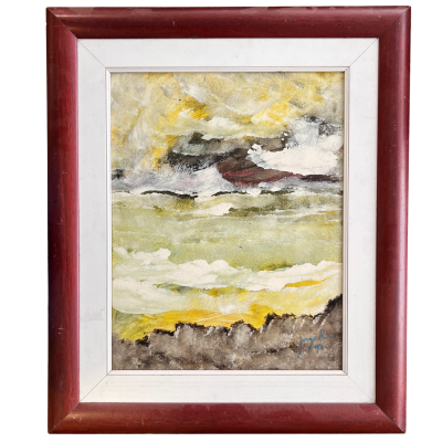 Pintura abstrata com moldura vermelha e branca em tons amarelo, verde e castanho.