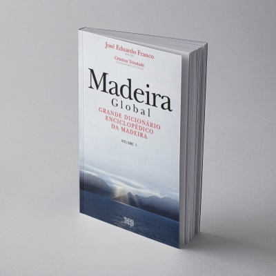 Livro Madeira Global com capa branca e paisagem marítima