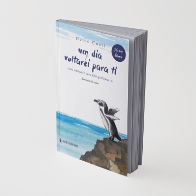 Capa de livro com pinguim, mar azul, texto e selo azul