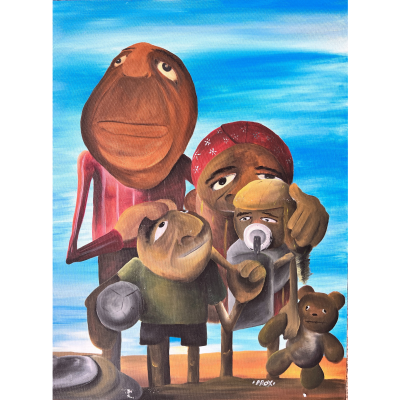 Pintura colorida de família estilizada com céu azul ao fundo