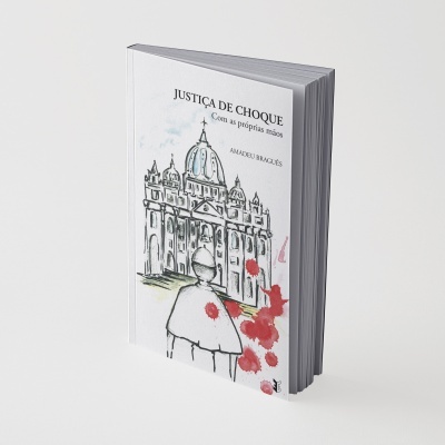 Capa de livro branco com desenho de edifício clássico, figura humana e manchas vermelhas