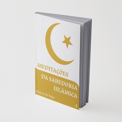 Livro com capa branca e amarela com lua e estrela douradas e texto em português.