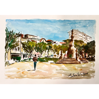 Aquarela de praça urbana com monumento, árvores e edifícios ao fundo