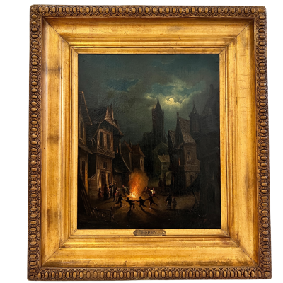 Pintura a óleo de aldeia noturna com fogueira e moldura dourada