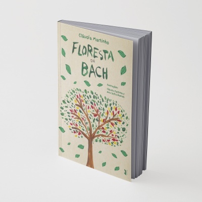 Livro Floresta de Bach com ilustração de árvore colorida e folhas verdes em capa bege