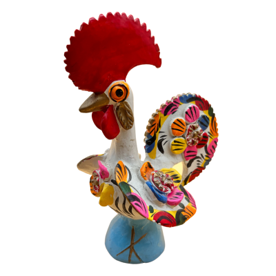 Estatueta decorativa colorida de galo em cerâmica com base azul