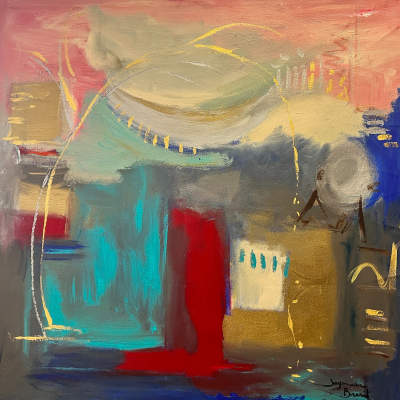 Pintura abstrata com várias cores e formas, assinatura Jaynne Dourado