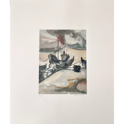 Ilustração de barco à vela em ambiente marítimo com céu nublado