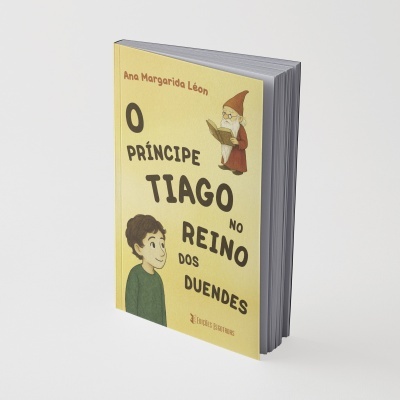 Capa de livro amarelo com ilustrações de um rapaz e um duende.