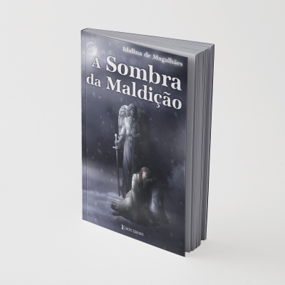 Livro A Sombra da Maldição com capa cinzenta e imagem de anjo e figura ajoelhada