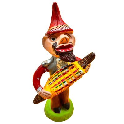 Figura decorativa em cerâmica com personagem e guitarra colorida