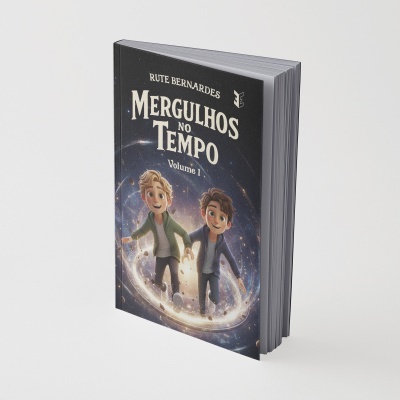Livro Mergulhos no Tempo Volume 1 de Rute Bernardes com ilustração de personagens animados em fundo de espaço