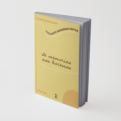 Capa de livro amarela com texto e elementos gráficos em laranja, branco e castanho